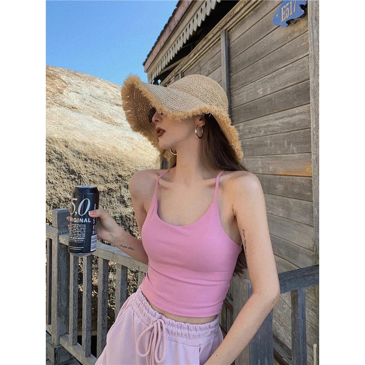 Áo Hai Dây Dáng Ngắn Hở Lưng Màu Trơn Quyến Rũ Thời Trang Hàn Quốc Dành Cho Nữ Mặc Ngoài Nhà Búp Bê Barbie / Lõi Bú