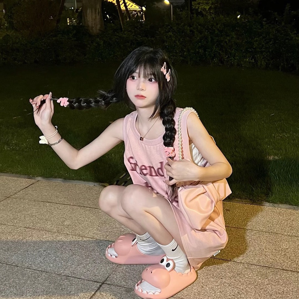 Áo Thun Cotton Không Tay Dáng Rộng In Chữ Thời Trang Mùa Hè Cho Nữ