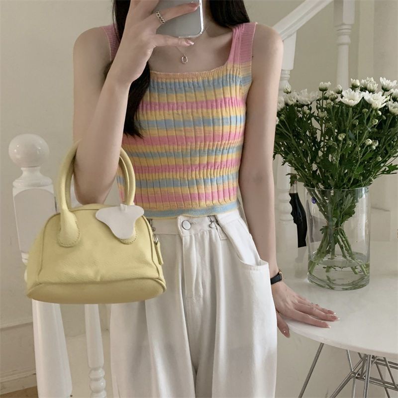 Áo Dệt Kim Hai Dây Cổ Vuông Họa Tiết Kẻ Sọc Nhiều Màu Sắc Thời Trang Mùa Hè Dành Cho Nữ