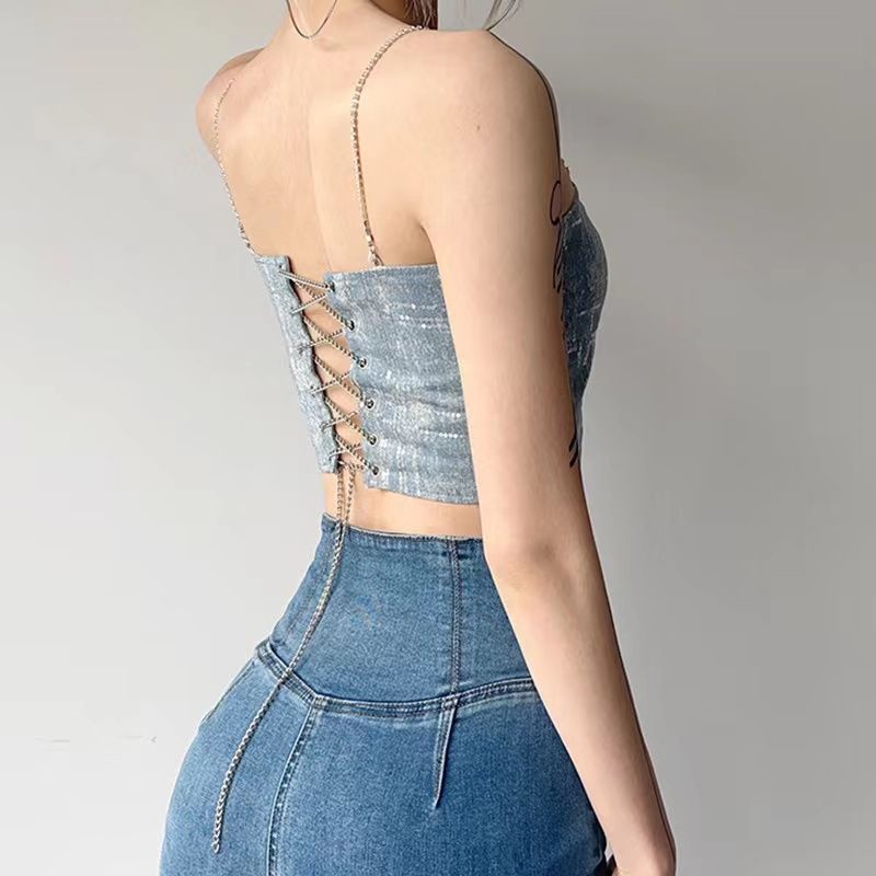 Áo Dây Ngắn Xếp Ly Giả Denim Đính Kim Sa Kiểu Mới Cho Nữ