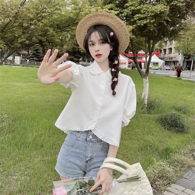 Áo Sơ Mi Ngắn Tay Phồng Cổ Búp Bê Thời Trang Mùa Hè Dành Cho Nữ