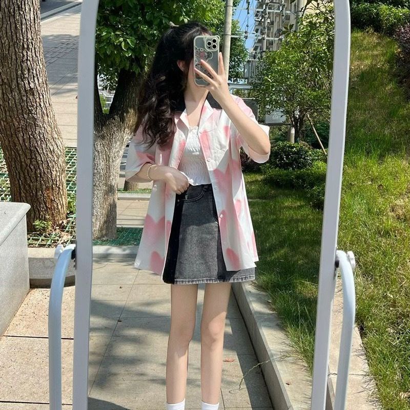 Áo Sơ Mi Ngắn Tay Họa Tiết Trái Tim Phong Cách Hong Kong Thời Trang Mùa Hè Cho Nữ