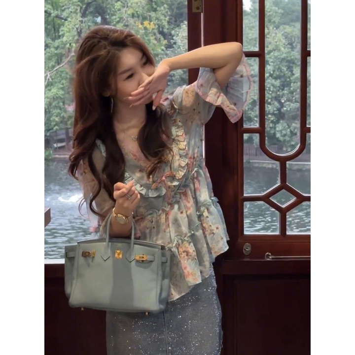 Áo Sơ Mi Tay Ngắn Loe Cổ Búp Bê Họa Tiết Hoa Thời Trang 2023 6.9 Dành Cho Nữ