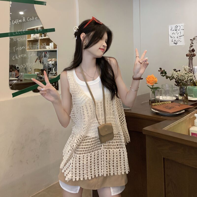 Set Áo Dây Dệt Kim Và Áo Khoác Sát Nách Thời Trang Dành Cho Nữ