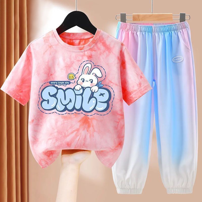 Bộ Áo Thun Tay Ngắn Và Quần Dài Bằng Lụa Mát Thời Trang Mùa Hè 2023 Dành Cho Bé Gái