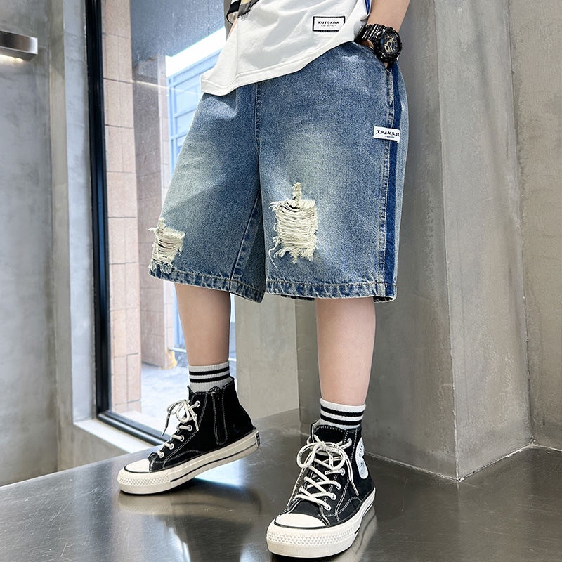 Quần Short Denim Dáng Rộng Rách Cá Tính Phong Cách Hàn Quốc Cho Bé Trai
