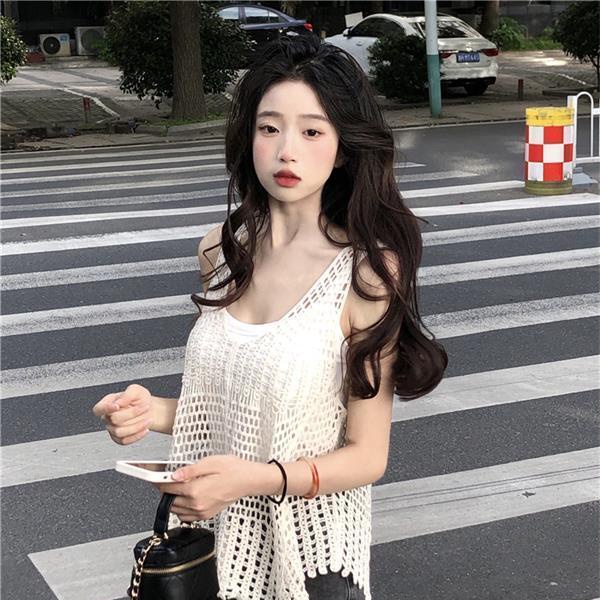 Hàng Mới Về PPHOME Áo Không Tay Dáng Rộng Thiết Kế Đan Móc Rỗng Phong Cách Blogger ~