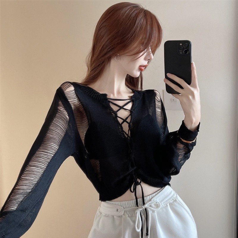 Áo Dệt Kim Chống Nắng Mỏng Buộc Dây Phong Cách Xuân Thu Mới 2023 Cho Nữ