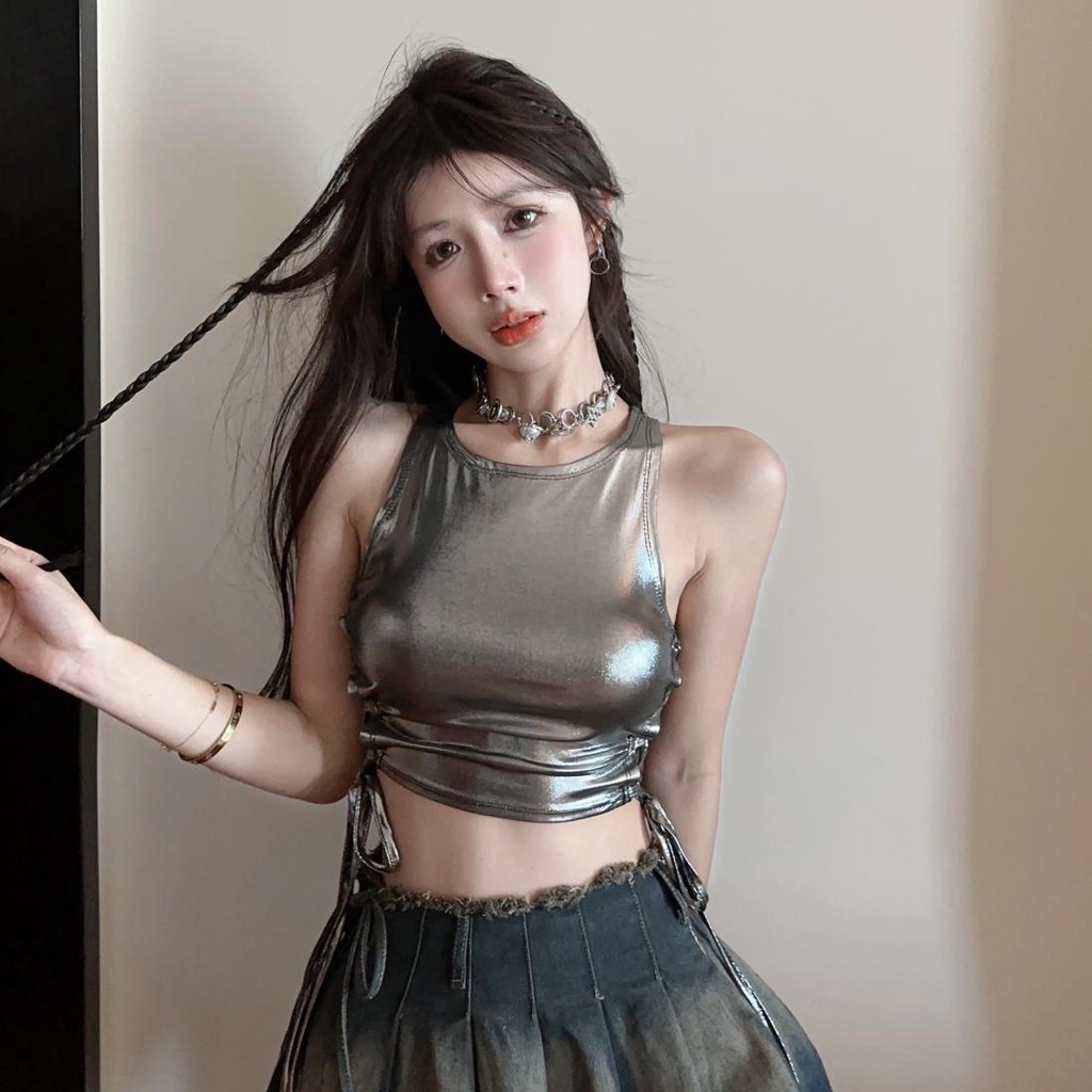 Áo Thun croptop Tay Ngắn Phối Dây Rút Màu Bạc Sáng Bóng Phong Cách Retro Mỹ Độc Đáo Thời Trang Mùa Hè Quyến Rũ Cho Nữ