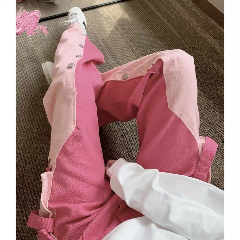 Quần Yếm Dài Ống Rộng Lưng Cao Màu Hồng Thời Trang Xuân Hè Phong Cách Mới Cho Nữ