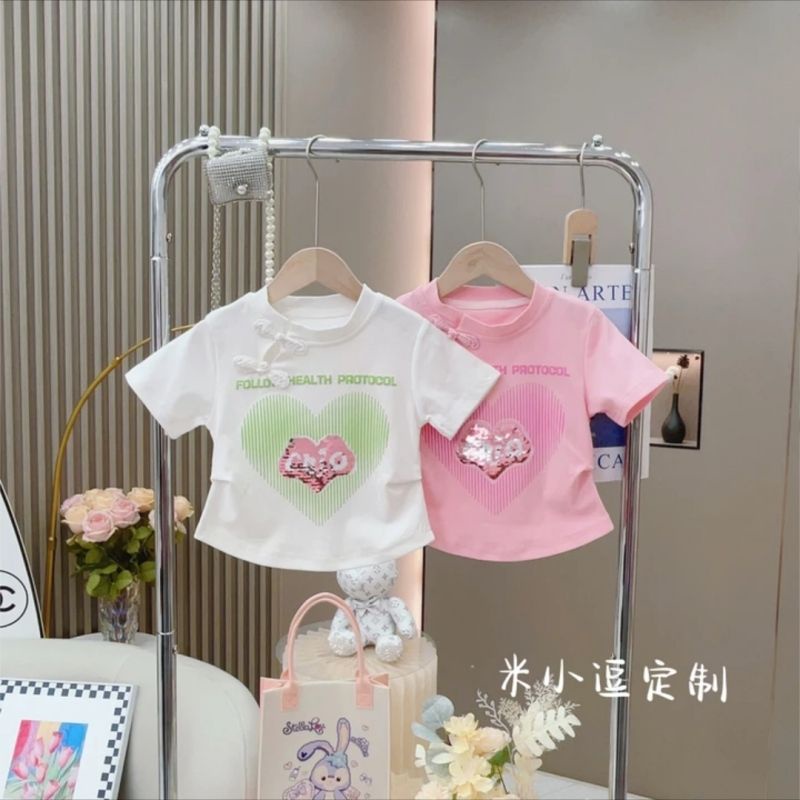 Áo Thun Tay Ngắn Kiểu Sườn Xám In Họa Tiết Trái Tim Phong Cách Trung Hoa Thời Trang Mùa Hè 2023 Cho Bé Gái