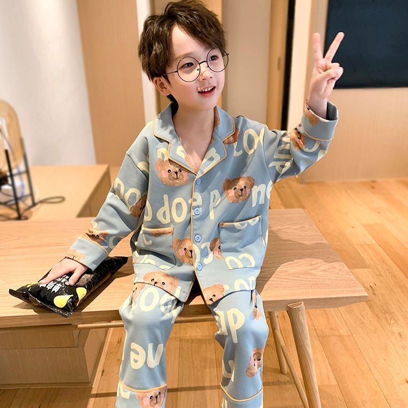 [ready Stock] spring autumn western style long-sleeved children's pyjamas boys children's air-conditioning suits medium big children cute cartoon