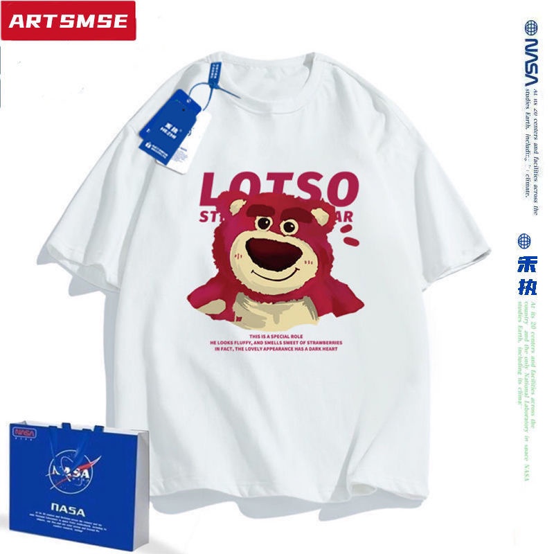 NASA Áo Thun Cotton Ngắn Tay Dáng Rộng In Hình Gấu / Dâu Tây Màu Trơn Dễ Thương Thời Trang Mùa Hè Cho Cặp Đôi