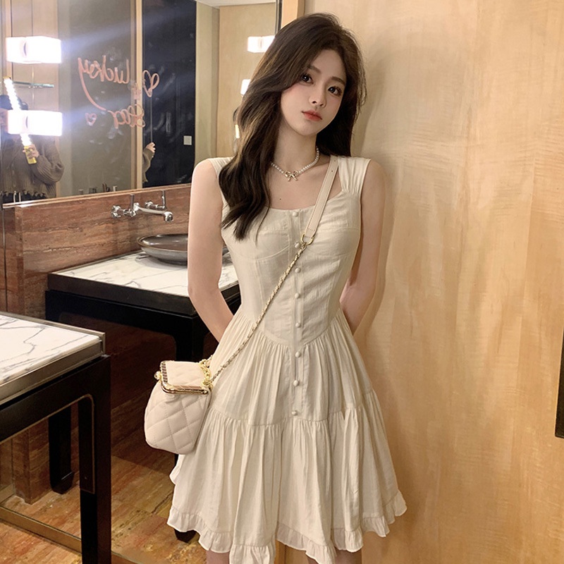 Trang phục< Little Fairy Cabinet > Đầm Hai Dây Nhấn Eo Phong Cách Pháp Ngọt Ngào Mùa Hè Cho Nữ