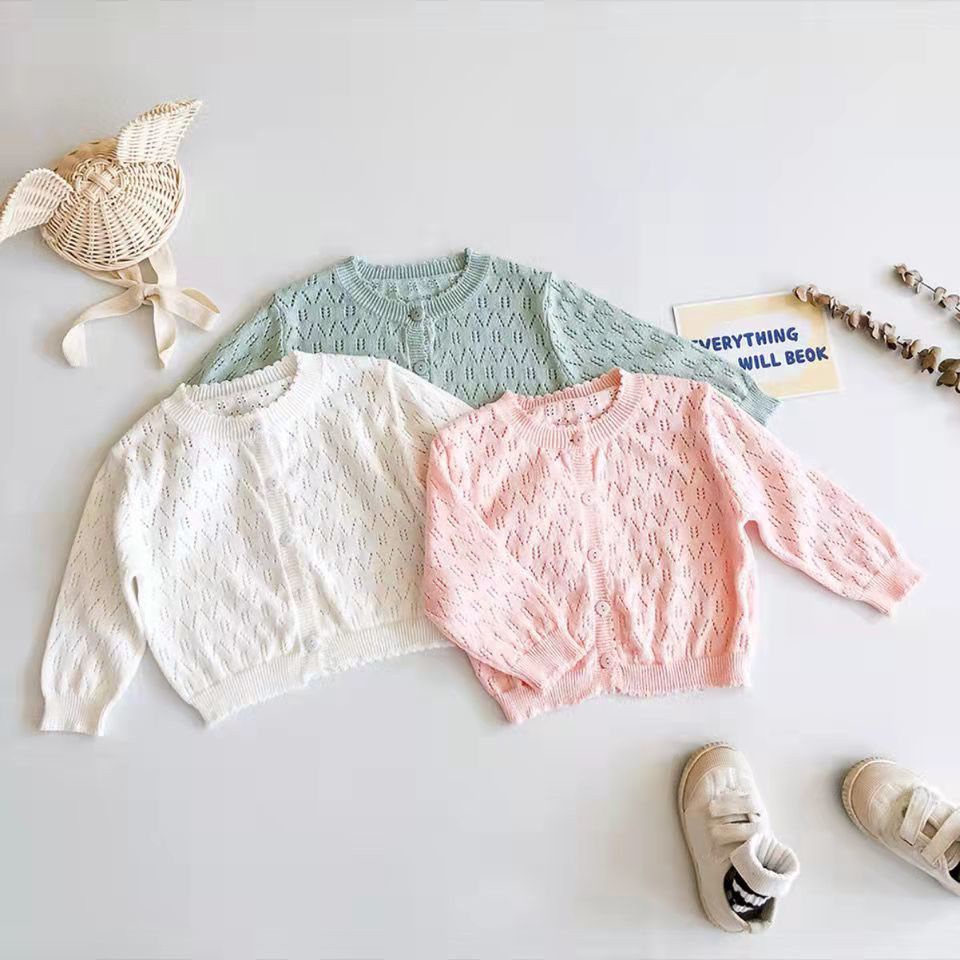 Áo Cardigan Dệt Kim Mỏng Tay Dài Màu Trơn Thời Trang Mùa Hè 2023 Cho Bé
