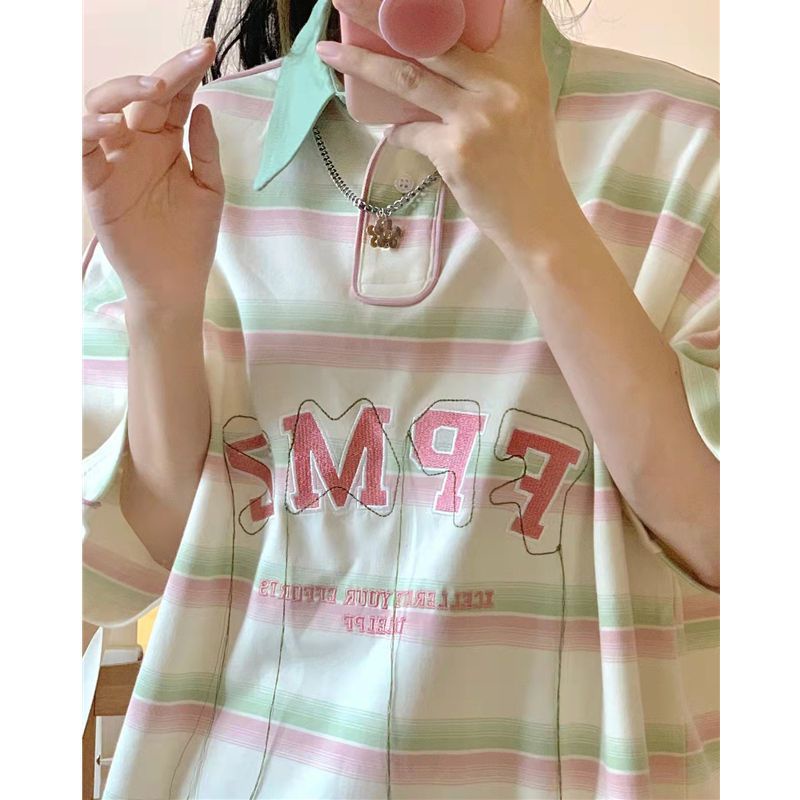 Áo polo Tay Ngắn Dáng Rộng Họa Tiết Kẻ Sọc Thời Trang Mùa Hè Mới Cho Nữ