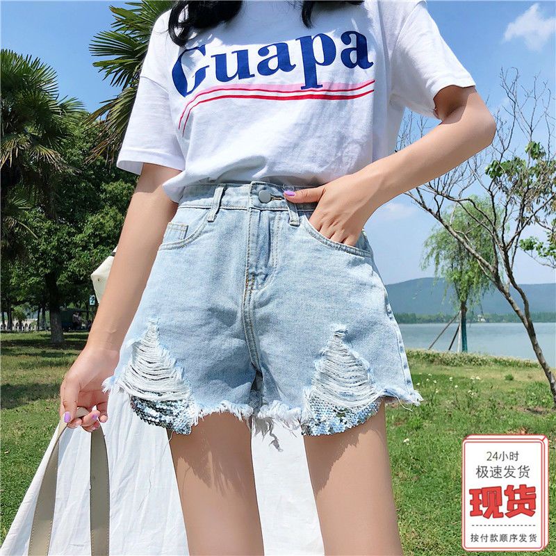 Quần Short Denim Đính Kim Sa Lưng Cao Size Lớn 23.04.26 Phong Cách Hong Kong Mùa Xuân 2020 Cho Nữ