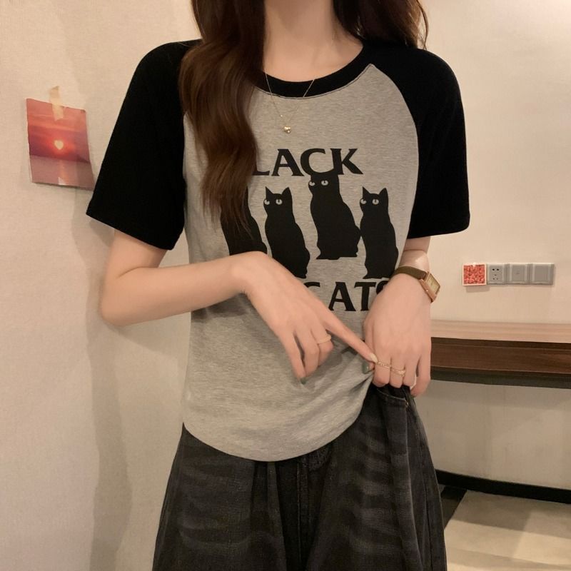 Áo Thun Raglan Tay Ngắn Màu Sắc Tương Phản Thời Trang Mùa Hè Dễ Phối Đồ Cho Nữ