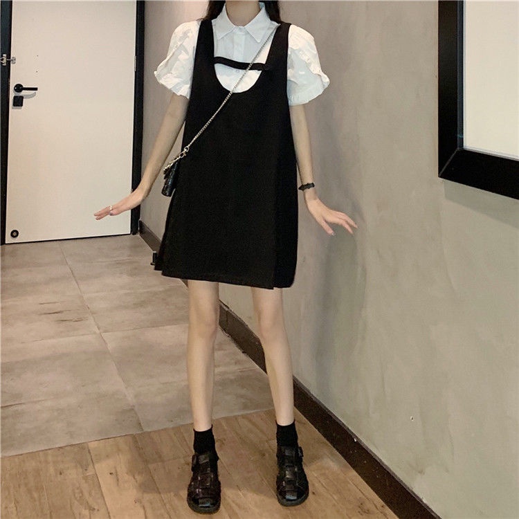 Set Áo Sơ Mi Tay Ngắn + Chân Váy Yếm Phong Cách Hàn Quốc Thời Trang Mùa Hè 2022 Cho Nữ