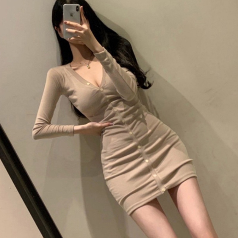 Đầm Ngắn Tay Dài Cổ Chữ v Ôm Dáng Thời Trang Dành Cho Nữ