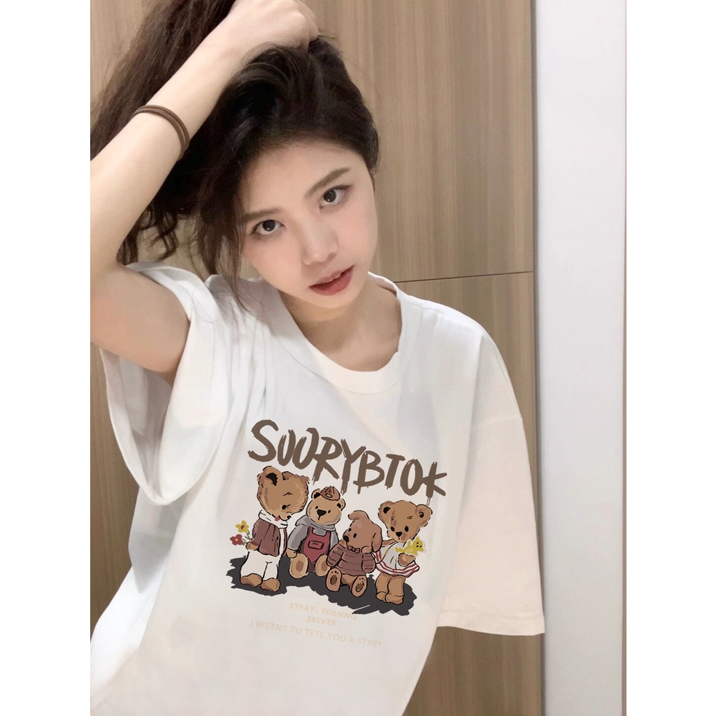 Áo Thun Cotton Cổ Tròn Ngắn Tay Dáng Rộng In Họa Tiết Đơn Giản Hợp Mùa Xuân Hè