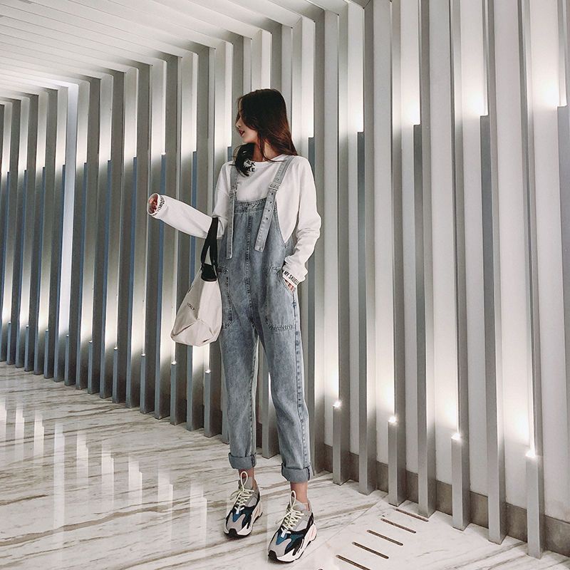 [Bán Chạy] Quần Yếm Denim Dáng Rộng Dài Đến Mắt Cá Chân Phong Cách Hàn Quốc Xuân Thu 2023