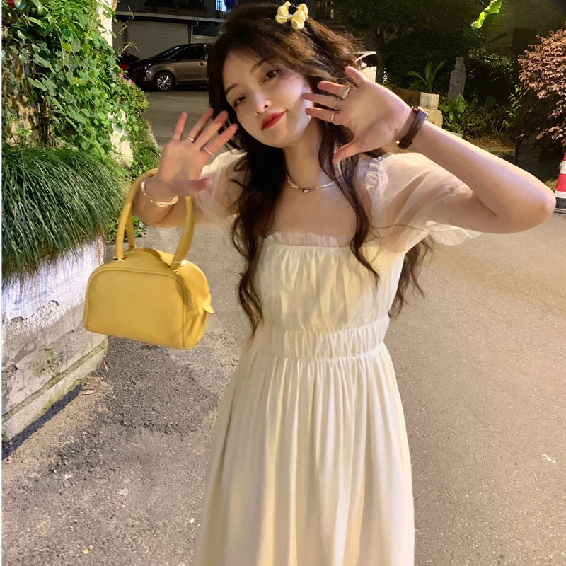 Đầm Tay Ngắn Phối Lưới Thời Trang Mùa Hè Xinh Xắn Cho Nữ