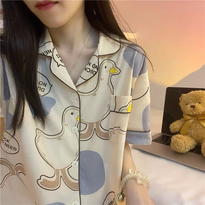 Bộ Đồ Ngủ Tay Ngắn Dáng Rộng Thoải Mái Phong Cách Hàn Quốc Nhật Bản Thời Trang Mùa Hè Cho Học Sinh