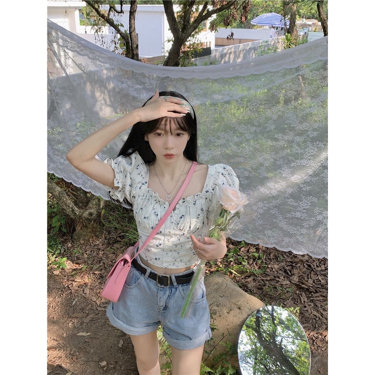 Cozok Áo Sơ Mi Tay Phồng Ngắn Cổ Bẻ In Hoa Dễ Phối Đồ Hợp Thời Trang