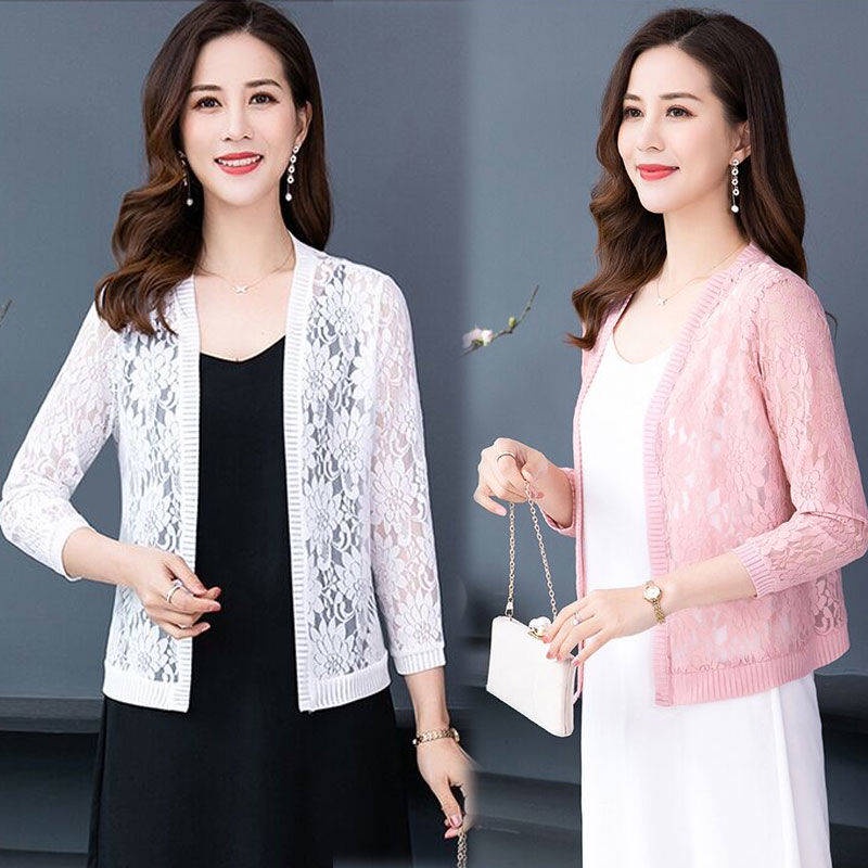 Áo Khoác Cardigan Ren Mỏng Dáng Ngắn Kèm Khăn Choàng Thời Trang Mùa Hè Cho Nữ Trung Niên