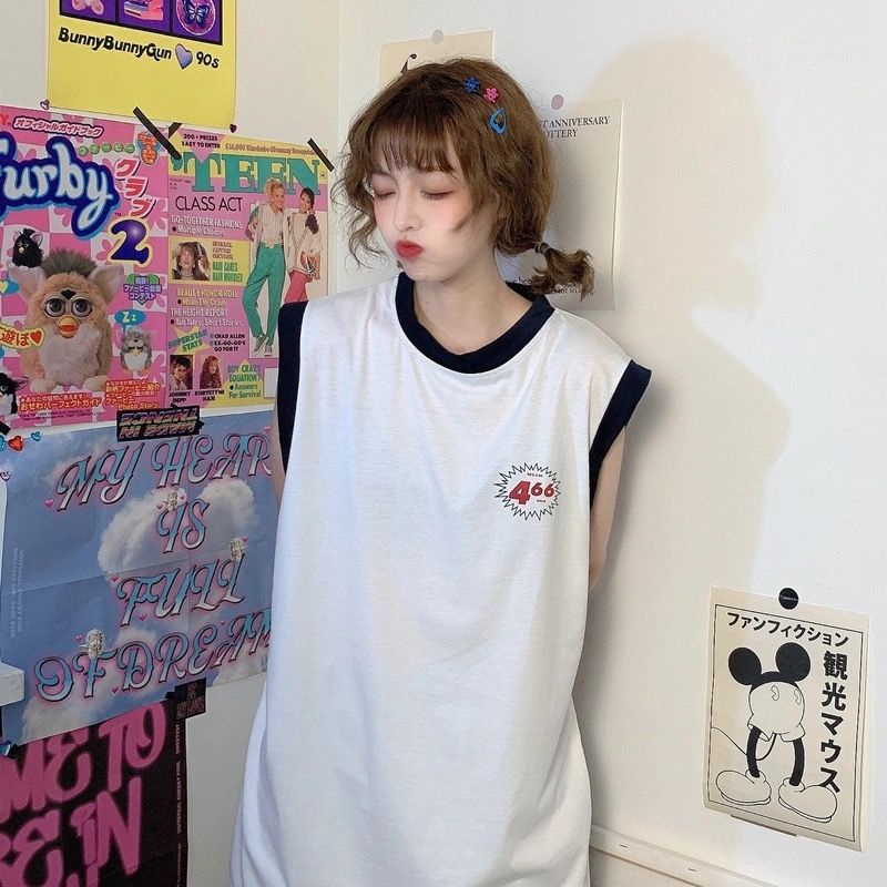 Jiashucheng Áo Thể Thao Sát Nách Dáng Rộng Màu Sắc Tương Phản Phong Cách Retro