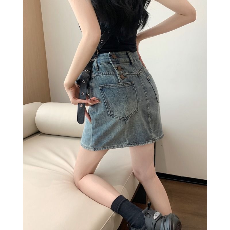Jiashucheng Chân Váy Denim Chữ A Lưng Cao Thời Trang Retro Mỹ Dành Cho Nữ