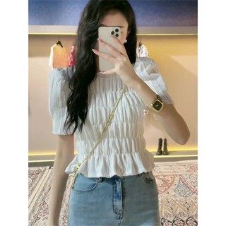 Jiashuchen G Pháp Puff Tay Xếp Ly Áo Sơ Mi Nữ Mùa Hè Giảm Tuổi Đẹp Phong Cách Phương Tây Áo Sơ Mi Nhỏ Top