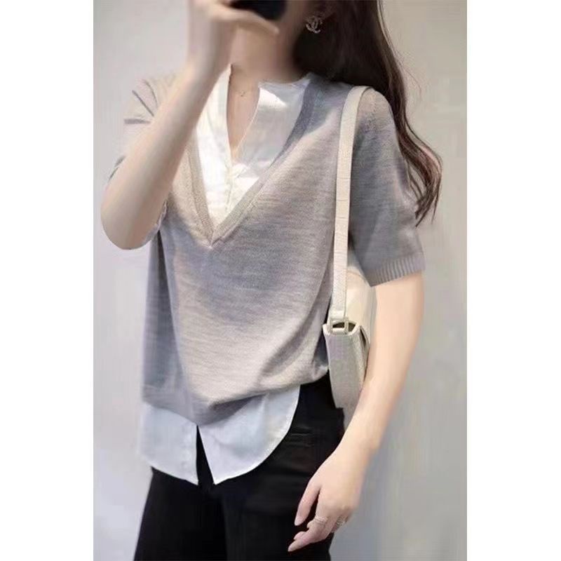 Áo Thun Nữ Ngắn Tay Cổ Chữ v Giả Hai Lớp Thời Trang Châu Âu Sang Trọng