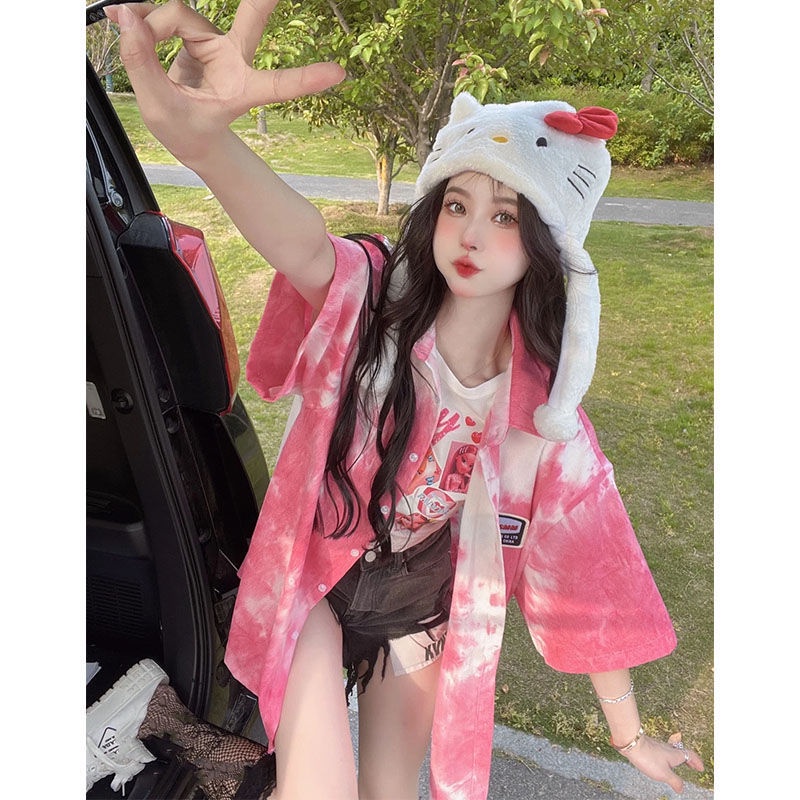 Áo Sơ Mi Tay Ngắn Nhuộm Màu Dáng Rộng Phong Cách Đường Phố Mỹ Thời Trang Mùa Hè Cho Nữ