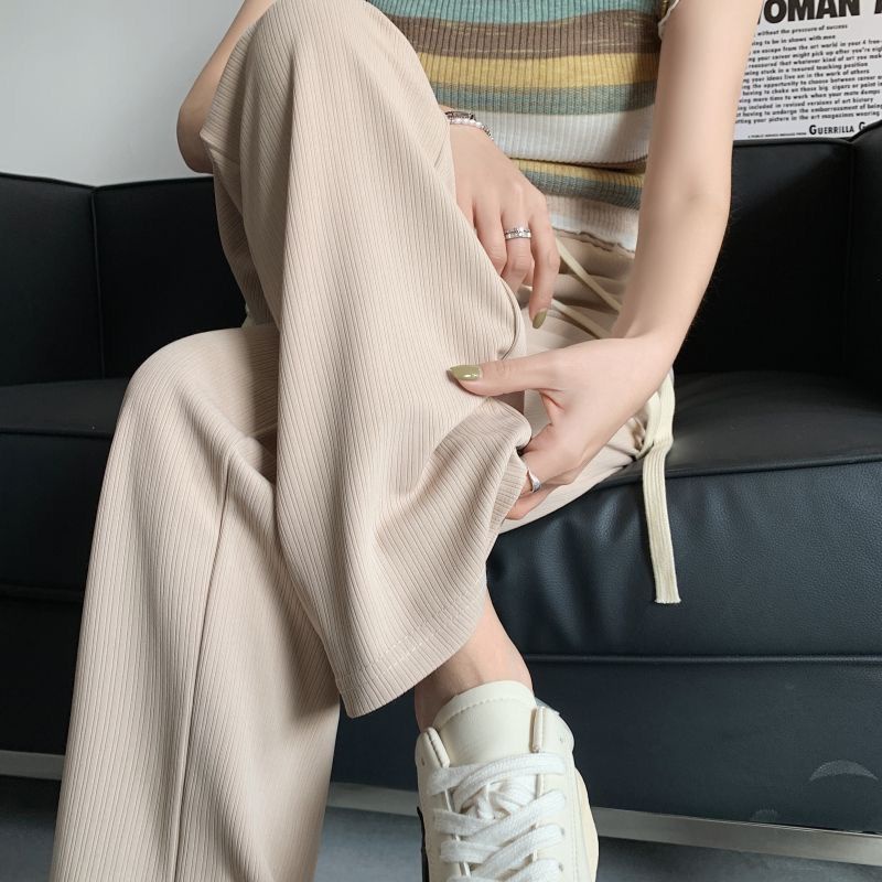 Quần Dài Vải Lụa Lạnh Mỏng Lưng Cao Ống Rộng Màu Đen Chống Nắng Thời Trang Mùa Hè Cho Nữ