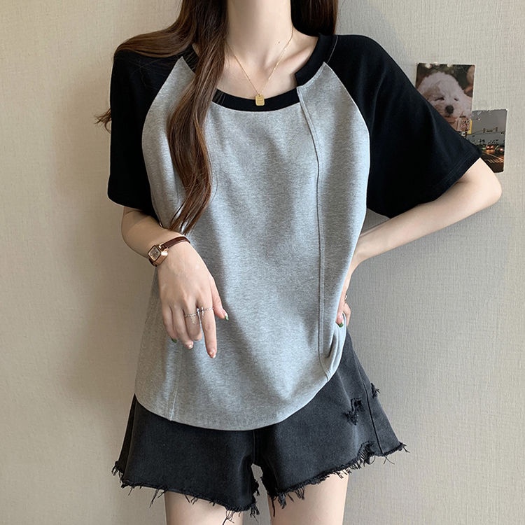 Áo Thun Tay Ngắn Dáng Ôm Cỡ Lớn Màu Tương Phản Phong Cách Hàn Quốc Thời Trang Cho Nữ