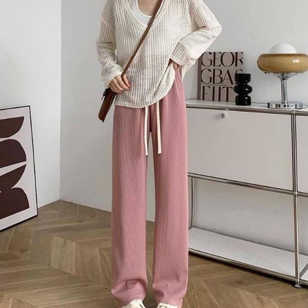 Quần Dài Vải Lụa Lạnh Mỏng Lưng Cao Ống Rộng Màu Đen Chống Nắng Thời Trang Mùa Hè Cho Nữ