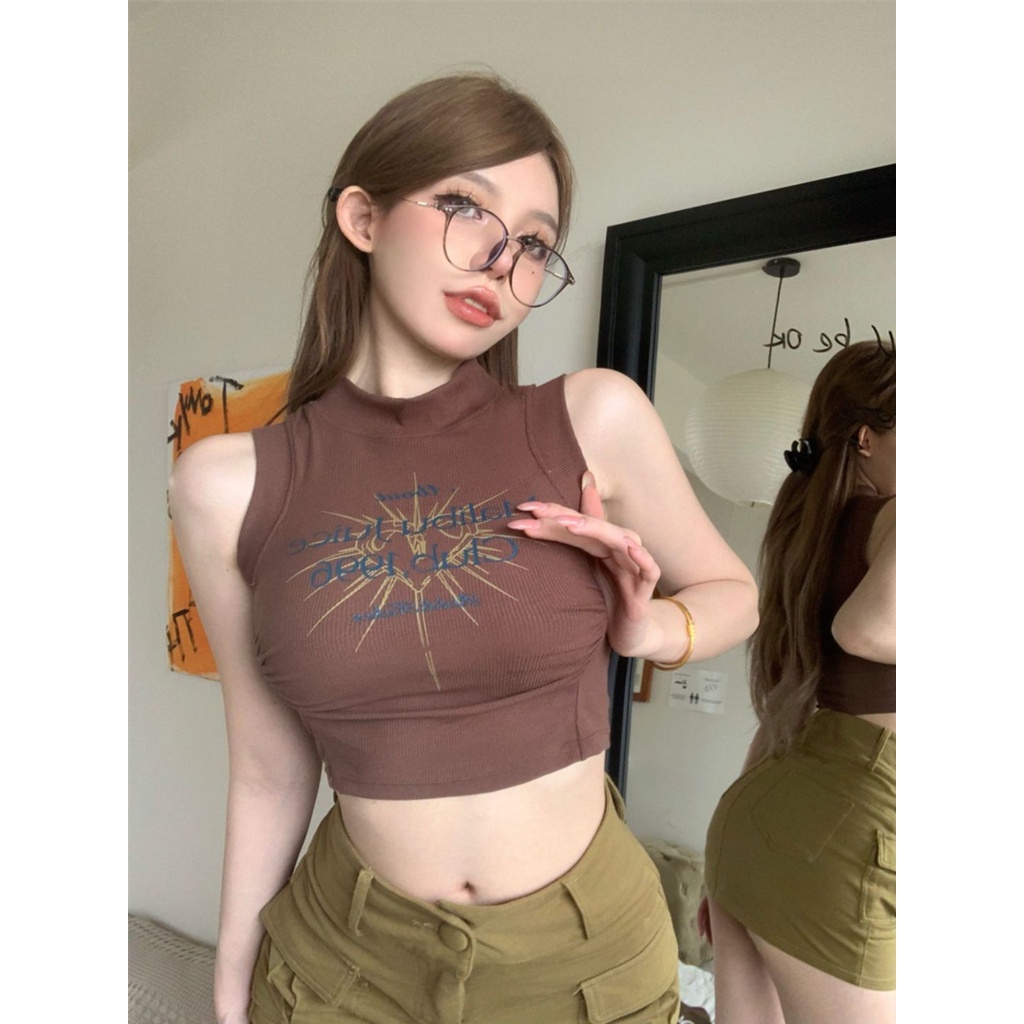 Bán Chạy ~ Áo Croptop Hai Dây Ôm Dáng Vừa Vặn Không Tay Ngắn Hình Chữ I Màu Trơn Phong Cách Retro Mỹ Cho Nữ