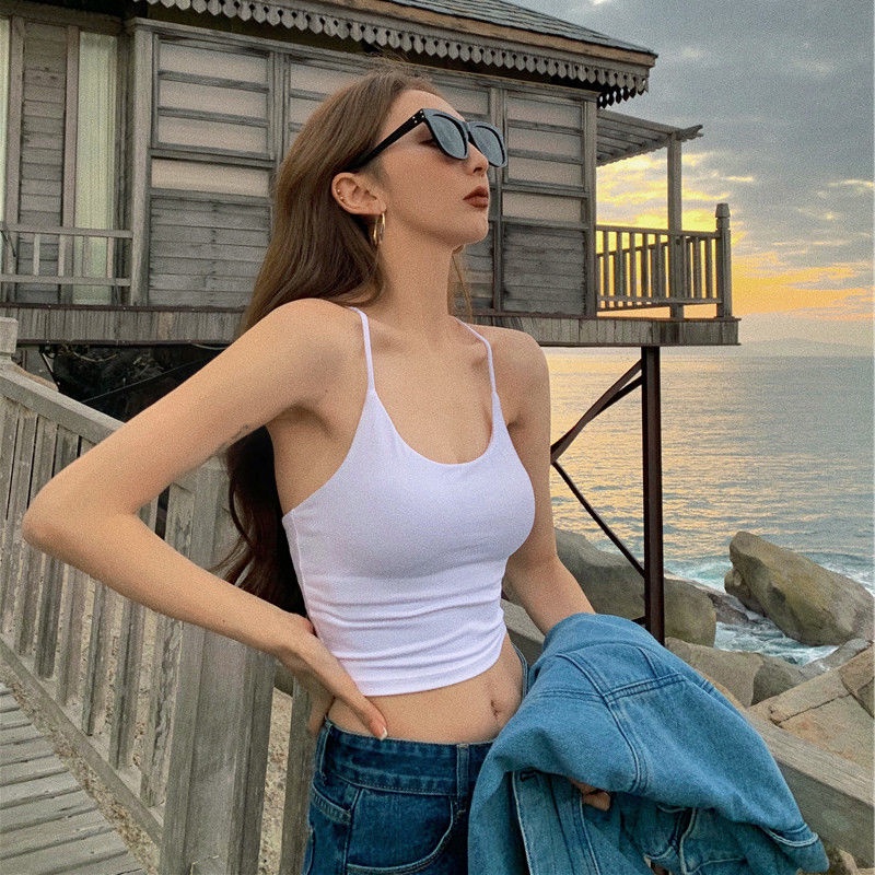 Áo Hai Dây Dáng Ngắn Hở Lưng Màu Trơn Quyến Rũ Thời Trang Hàn Quốc Dành Cho Nữ Mặc Ngoài Nhà Búp Bê Barbie / Lõi Bú