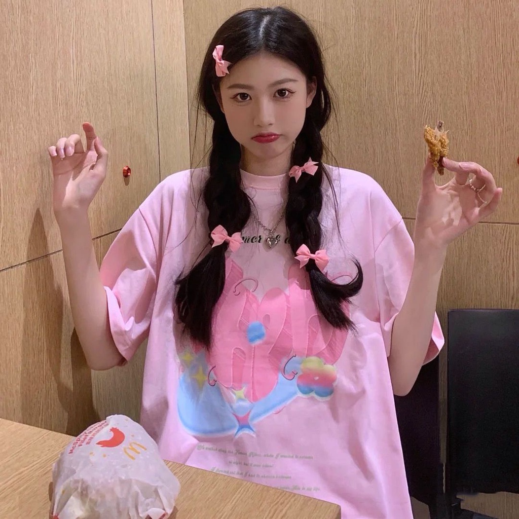 Áo Thun 100% Cotton Tay Ngắn Dáng Rộng Phong Cách Hàn Quốc Thời Trang Mùa Hè Cho Nữ