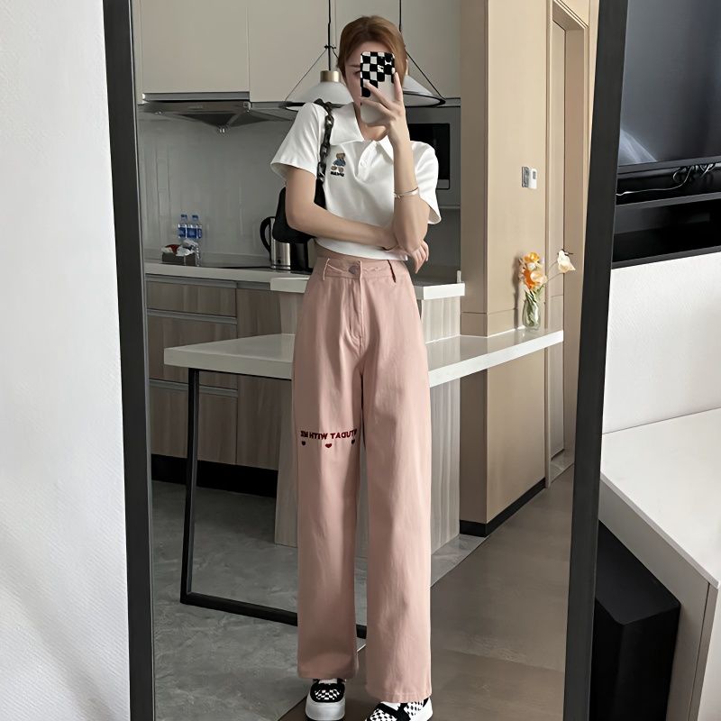 Quần Jean Dài Lưng Cao Ống Rộng Màu Hồng Thời Trang Mùa Xuân Mới Cho Nữ