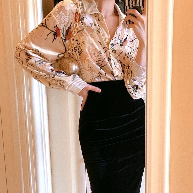 Áo Khoác Sơ Mi Vải Nhung Tay Dài Dáng Rộng In Họa Tiết Kiểu Retro Pháp Thời Trang Mùa Thu 2021 6.9