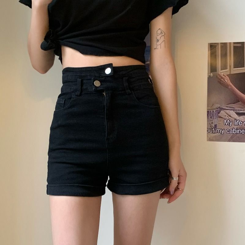 Quần Short Denim Màu Đen Lưng Cao Dáng Ôm Thời Trang Mùa Hè Cho Nữ