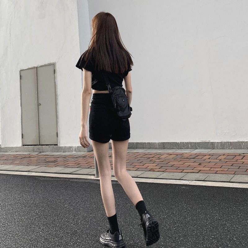 Quần Short Denim Màu Đen Lưng Cao Dáng Ôm Thời Trang Mùa Hè Cho Nữ