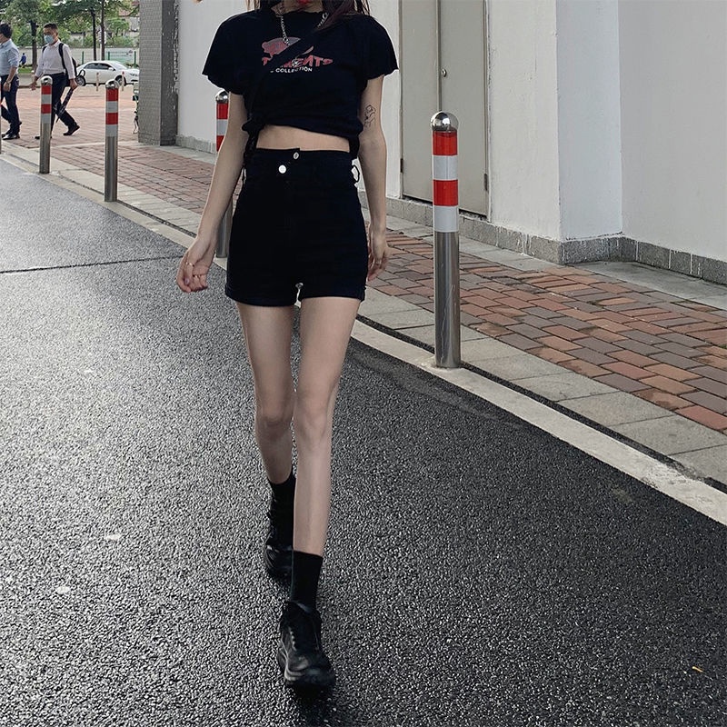 Quần Short Denim Màu Đen Lưng Cao Dáng Ôm Thời Trang Mùa Hè Cho Nữ