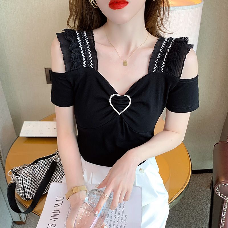 Bán Chạy ~ Áo Kiểu Tay Ngắn Hở Vai Dáng Ôm Phối Ren Đính Kim Cương Phong Cách Châu Âu Mới Dành Cho Bạn Nữ