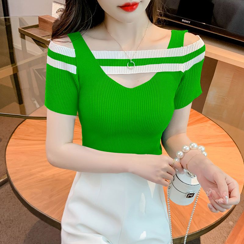 Áo Thun Dệt Kim Trễ Vai Tay Ngắn Cổ Chữ v Họa Tiết Kẻ Sọc Thời Trang Mùa Hè Hàng Mới 2023 Dành Cho Bạn Nữ