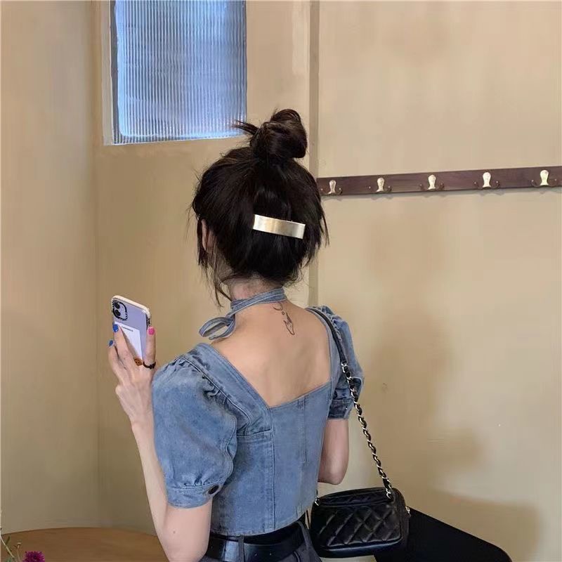 Áo Sơ Mi Denim Tay Ngắn Phồng Cổ Vuông Eo Cao Thời Trang Mùa Hè Dành Cho Nữ