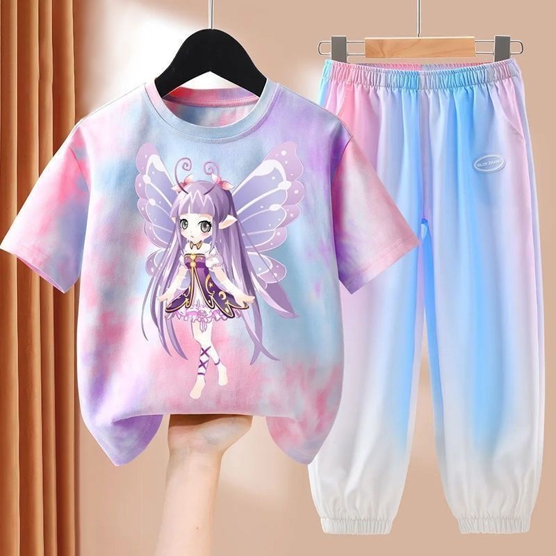 Bộ Áo Thun Tay Ngắn Và Quần Dài Bằng Lụa Mát Thời Trang Mùa Hè 2023 Dành Cho Bé Gái